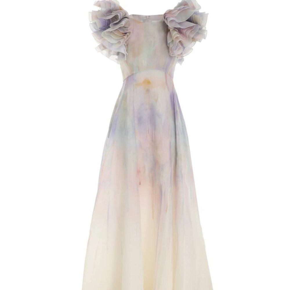 RHYTHMIC RUFFLE GOWN IN ABSTRACT RAINBOW, SIZE 0